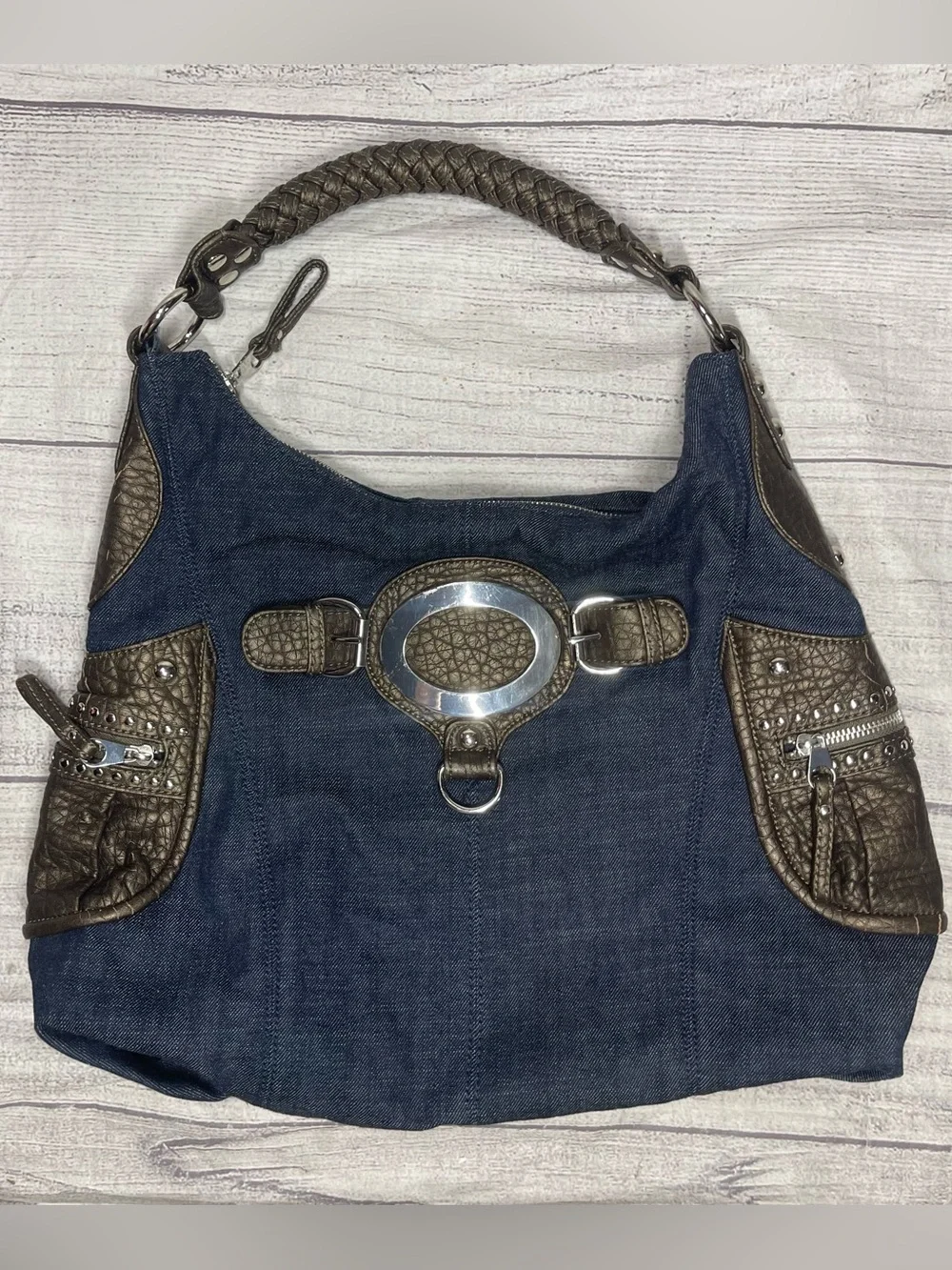 Black Rivet Denim Faux Leather Large Y2K Style Shoulder Bag